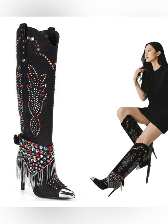 Gianni Bini Shoes - Gianni Bini Kaitrin Black Denim Rhinestone Embellished Fringe Heel Boots $229
